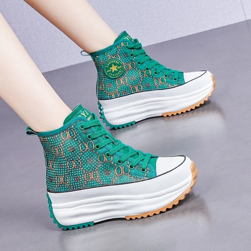 

Ladies High-top Canvas Shoes Rhinestone Green Inner Heightening Platform Shoes Casual All-match Women Shoes Single Shoes 2022