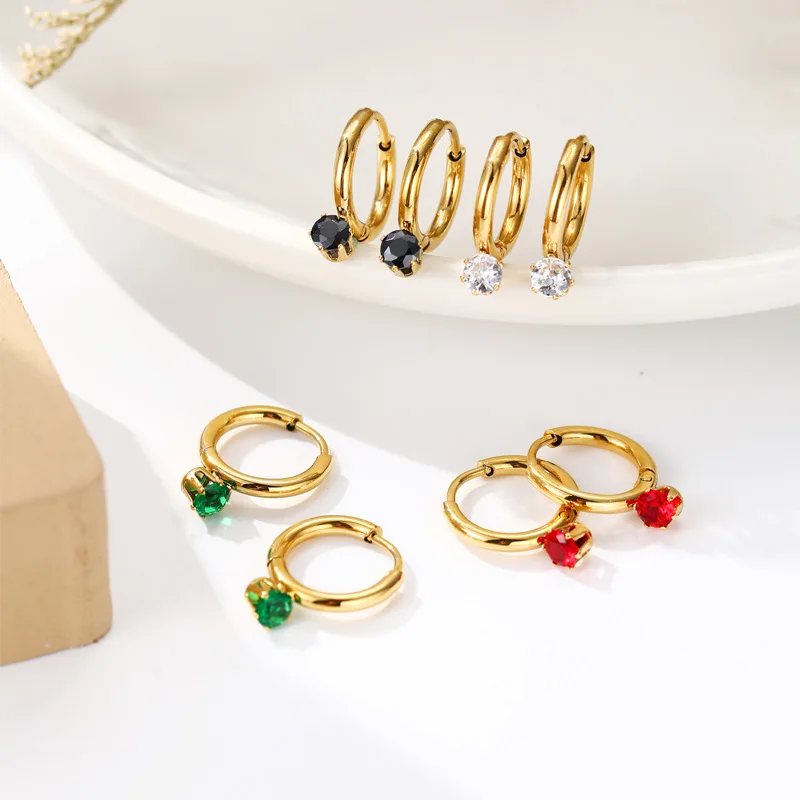 

2022 Exquisite Gold Plated Stainless Steel Red Green Cubic Zirconia Huggie Earrings for Women Girls Waterproof Jewelry