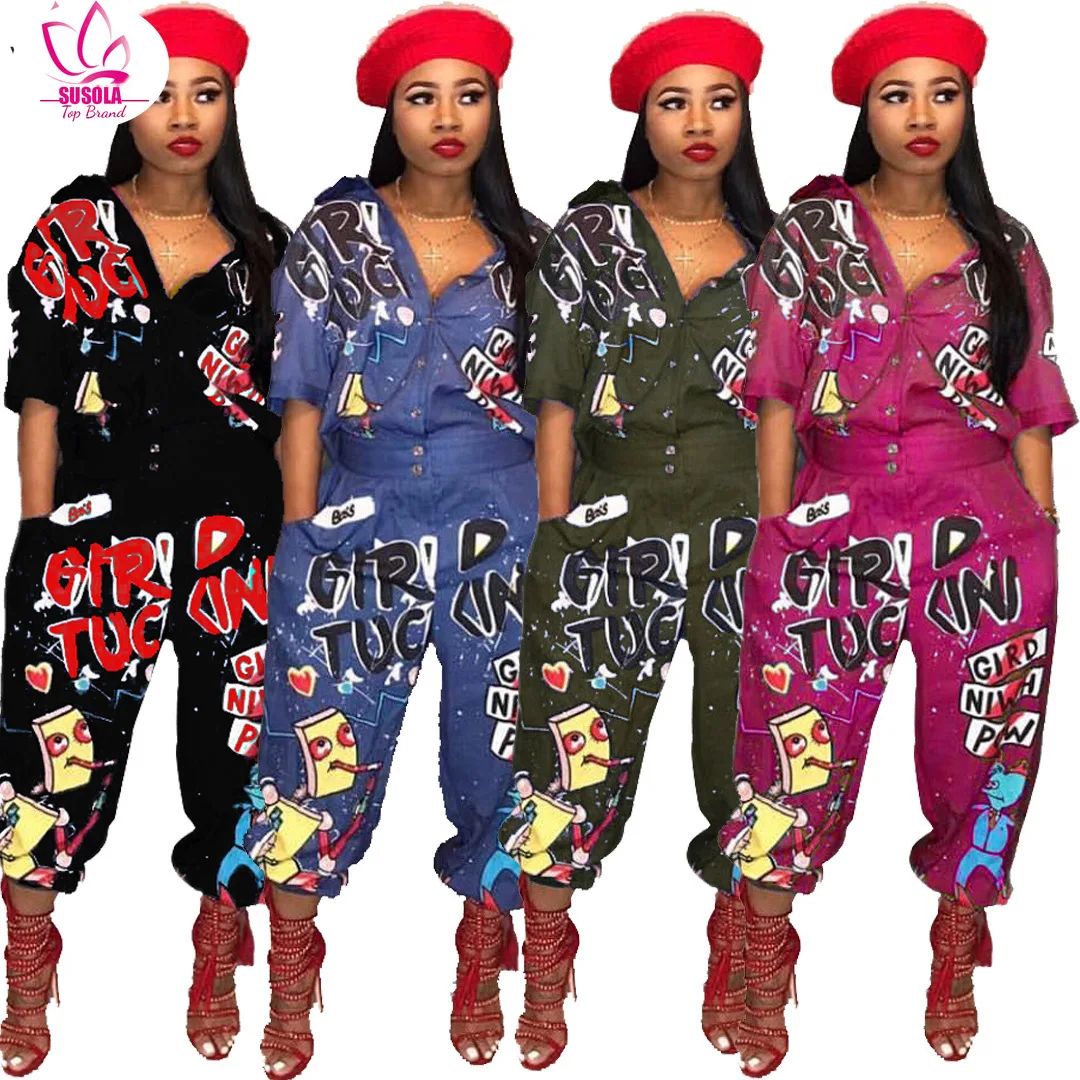

SUSOLA Sexy Letter Print Flared Leg Jumpsuit Outfits Women Y2K Button Up Short Sleeve Jumpsuit 2022 Summer Streetwear Wholesale