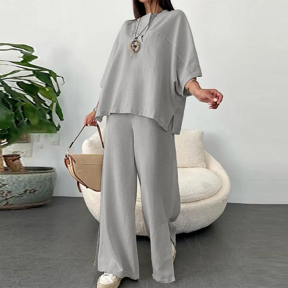 

Split Hem Pants Set Vintage Wide Leg Trousers Set Soft Breathable Elastic Waist Lady T-shirt with Three Quarter Sleeves Split