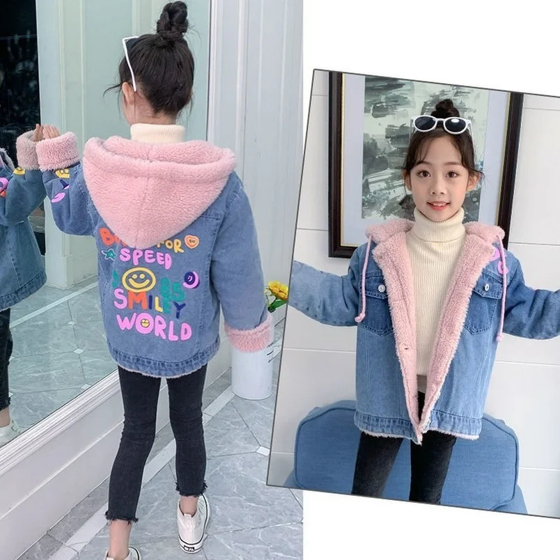 

Children Jeans Jacket Outerwear Casual Fleece Hooded Denim Coat Winter Cartoon Smile Print Fashion Girl Cardigan Kids Jackets 8Y