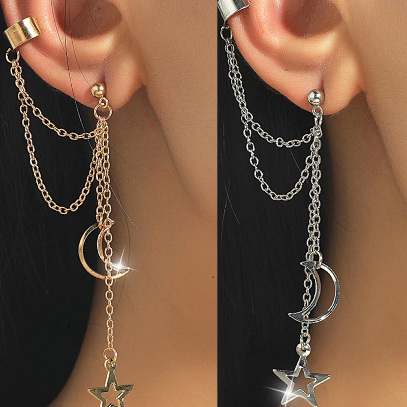 

Fashion Dangling Moon Star Earrings for Women Girl Long Dangle Alloy Ear Clip Ear Cuff Non Piercing Earring Party Jewelry Gift