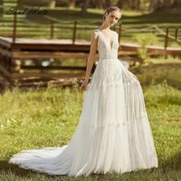 elegant tulle a line wedding dress v neck lace appliques open back bridal gown long court train bridal gown vestido de novia