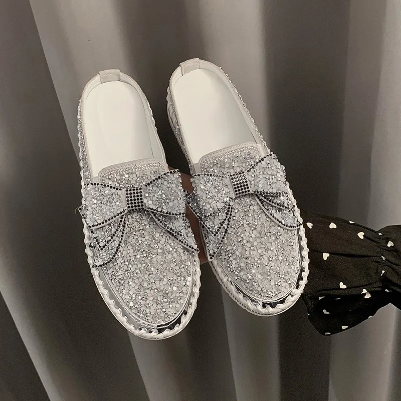 2022 Sequin Diamond Ladies Flat Shoes Beauty Shoes Rhinestone Ladies Casual Leather Shoes Round Toe Slip-on Platform Shoes