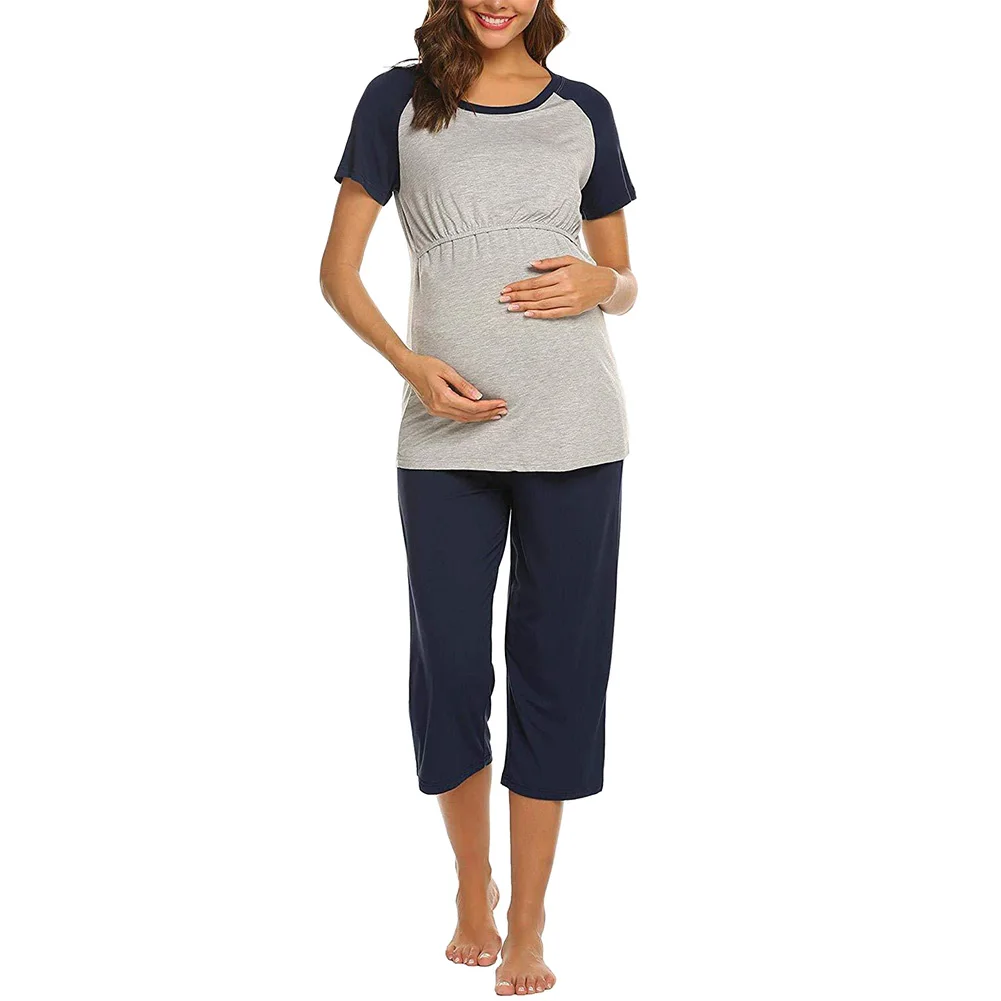 

Женские Эластичные Топы с коротким рукавом и брюки для беременных из смесовой хлопковой ткани, повседневные двухслойные удобные осенние