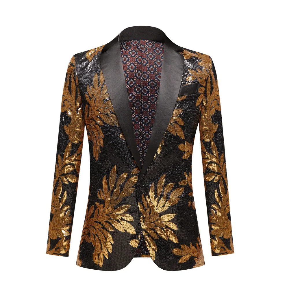 Evening Party Male Singer Host Shiny Sequins Floral Pattern Blazer Formal Tuxedo Groom Wedding Suit Jacket Stage Performance