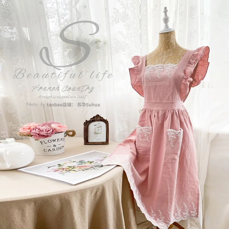 

Korean Style Cotton Apron High-grade Home Apron Female Thin Style Garden Overalls Princess Female Cotton Hemp Breathable Cloth