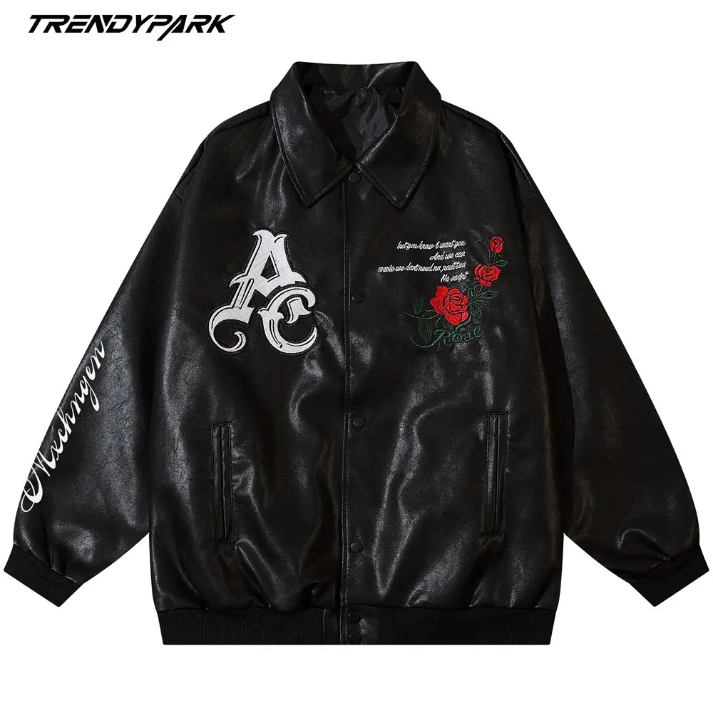 

AAAAMen's Jacket Vintage Letters Embroidery Motorcycle Jackets for Men 2022 Autumn Harajuku Streetwear Casual Pu Faux Leather