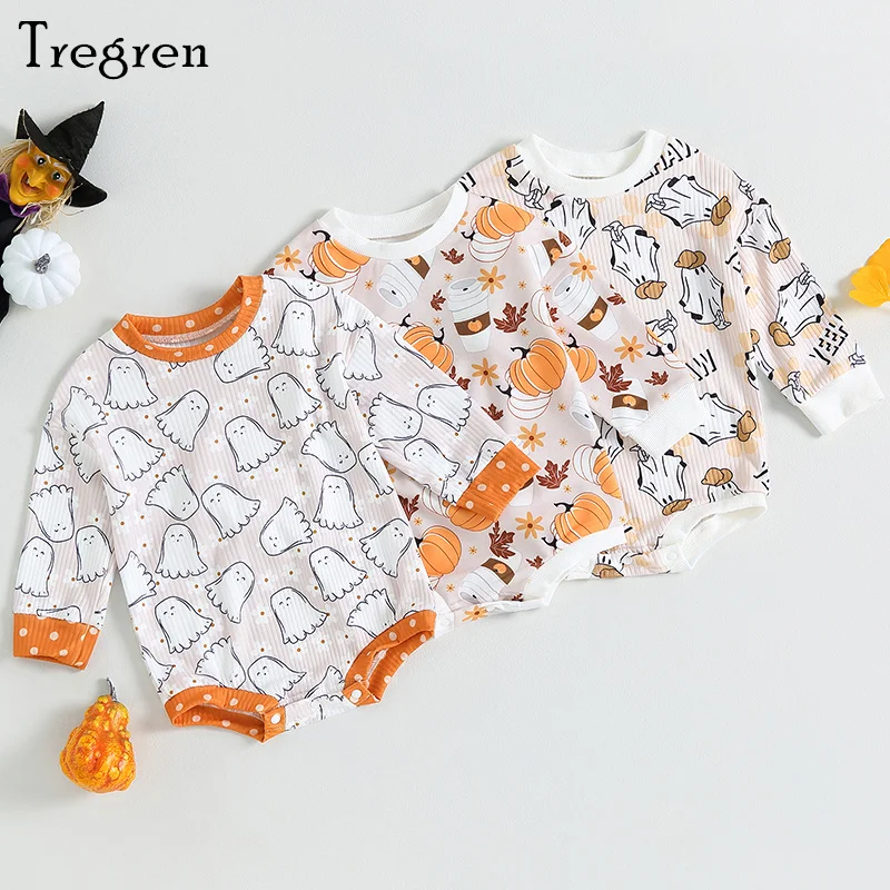 

Tregren 0-18M Infant Baby Girls Halloween Romper Ghost Pumpkin Print Long Sleeve Jumpsuits Casual Sweatshirt Romper Fall Outfits