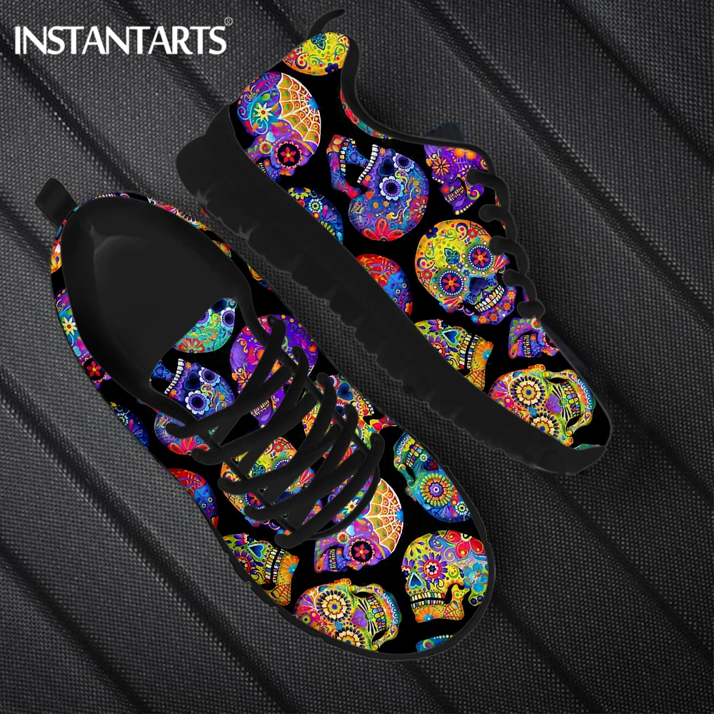 

INSTANTARTS Colorful Gothic Sugar Skull Pattern Ladies Casual Sneakers Lightweight Comfort Flat Shoes for Women Casual Footwear