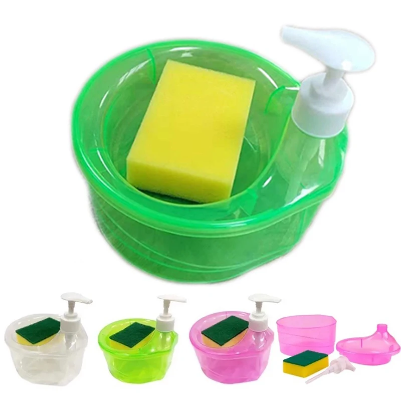 

1 Set Detergent Automatic Dispenser Dish Soap Dispenser Press Box with Sponge Holder for Kitchen Bathroom Washing Accessories