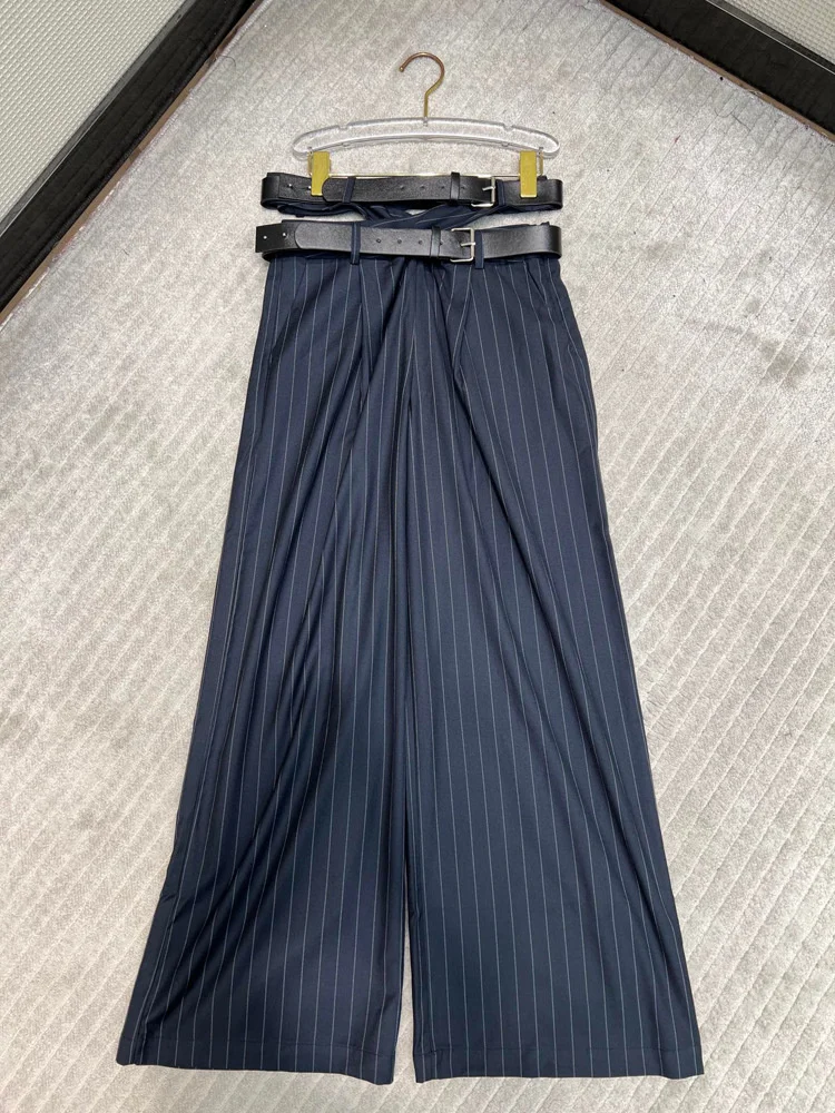 Double Design Trousers Sense Women Belt Striped Wide Leg Pants Casual Long Loose Trousers High End