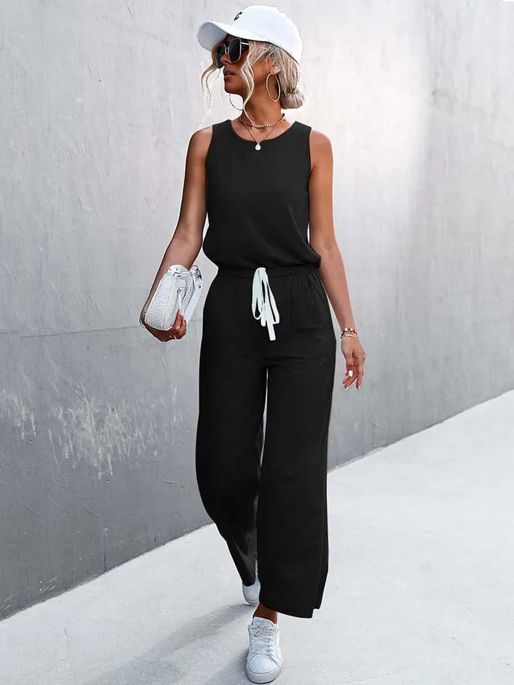 

2022 Summer Black Jumpsuit Women Sleeveless Casual Jumpsuit Romper Women Overalls Wide Leg Long Jumpsuit Female Pocket