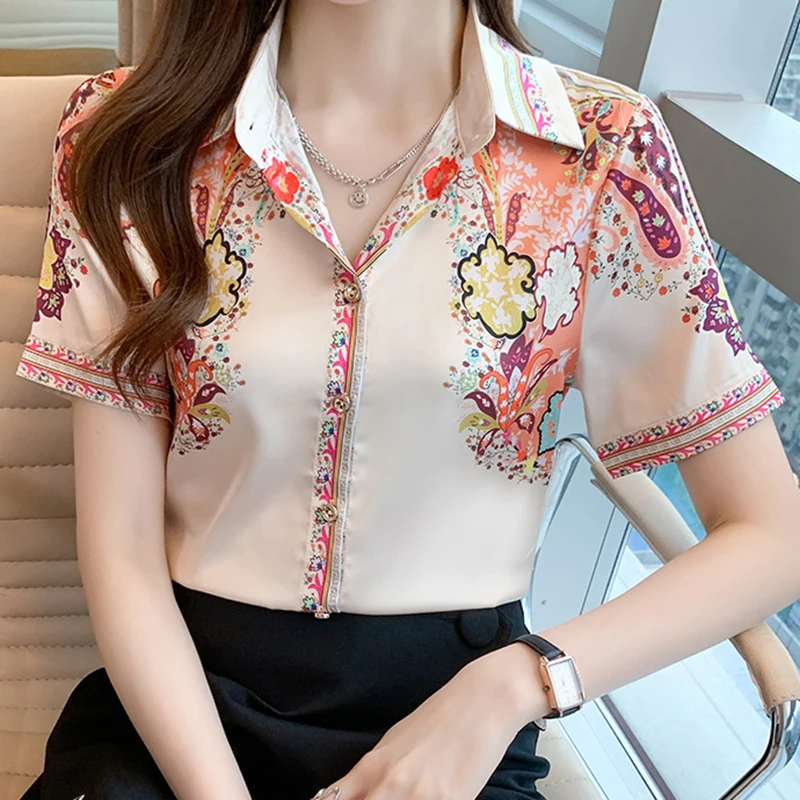 

Женская винтажная рубашка на пуговицах, черная Деловая блузка с отложным воротником и коротким рукавом, одежда для офиса, лето 2022