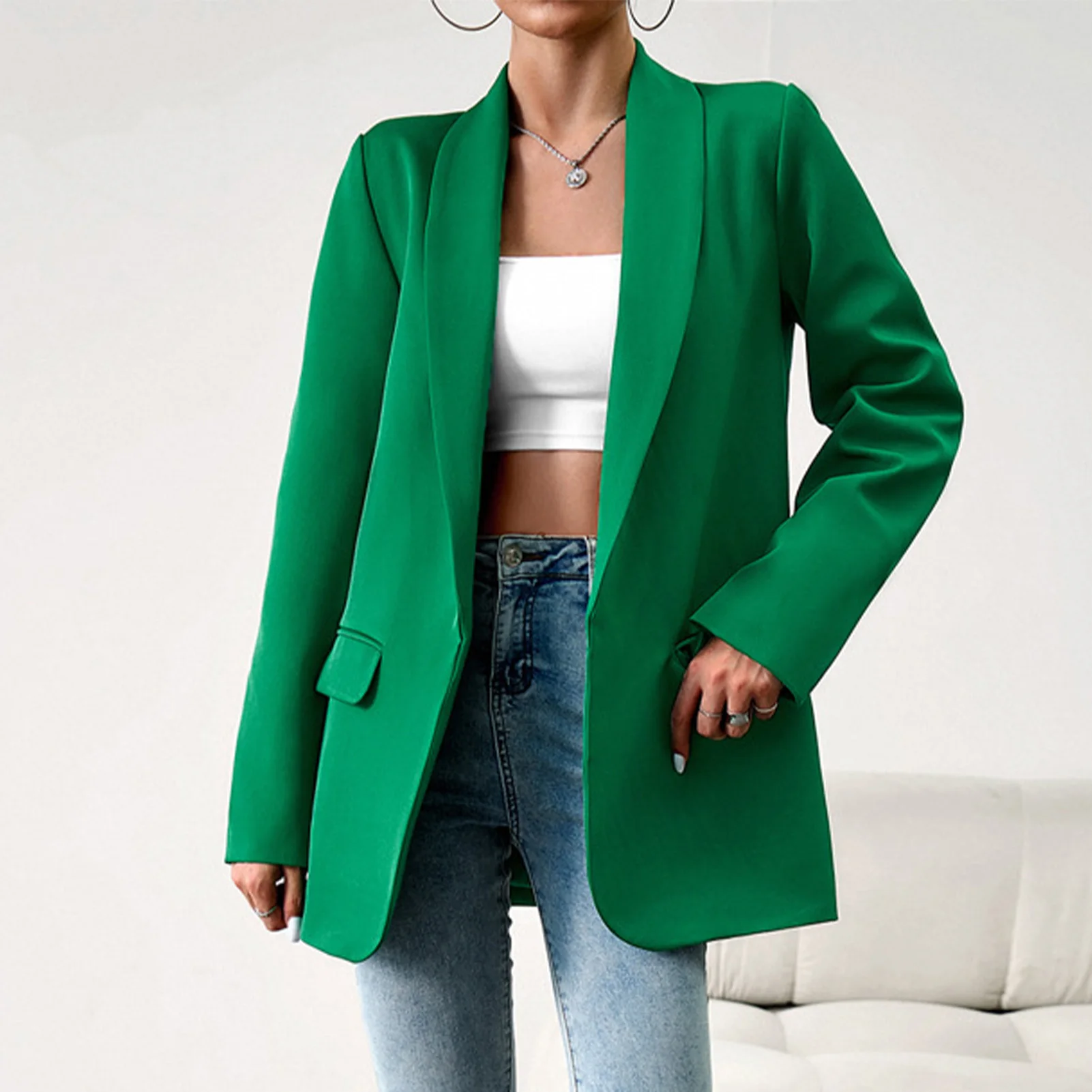 

Ladies Long Blazer Jackets with Pocket Lapel Collar Blazer Solid Color Elegant Cozy Fashion Work Office Jackets