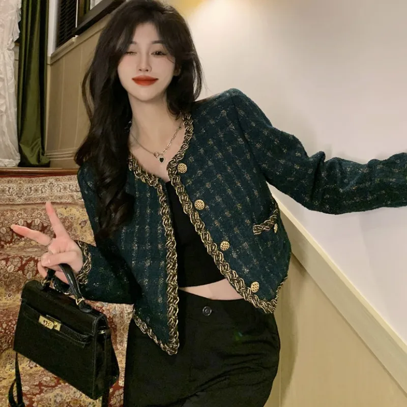 

2022 Autumn New Fashion Women High Quality Plaid Tweed Short Jacket Coat Female Vintage Long Sleeve Casual Chic Outerwear