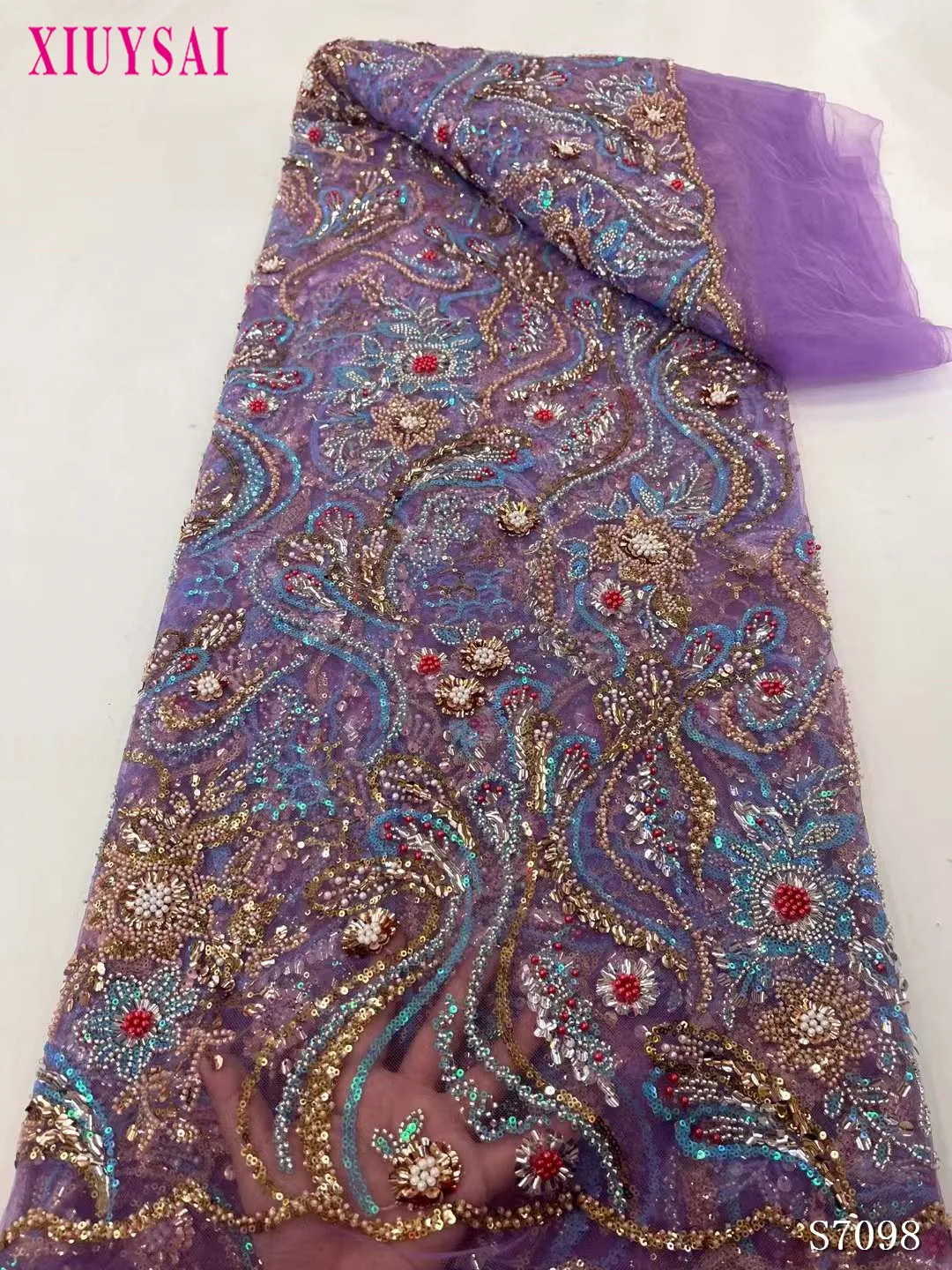 

Handmade Beaded Lace Fabric Nigerian Embroidery Wedding Luxury Evening Dress French Tulle African Sequins For 5 yards