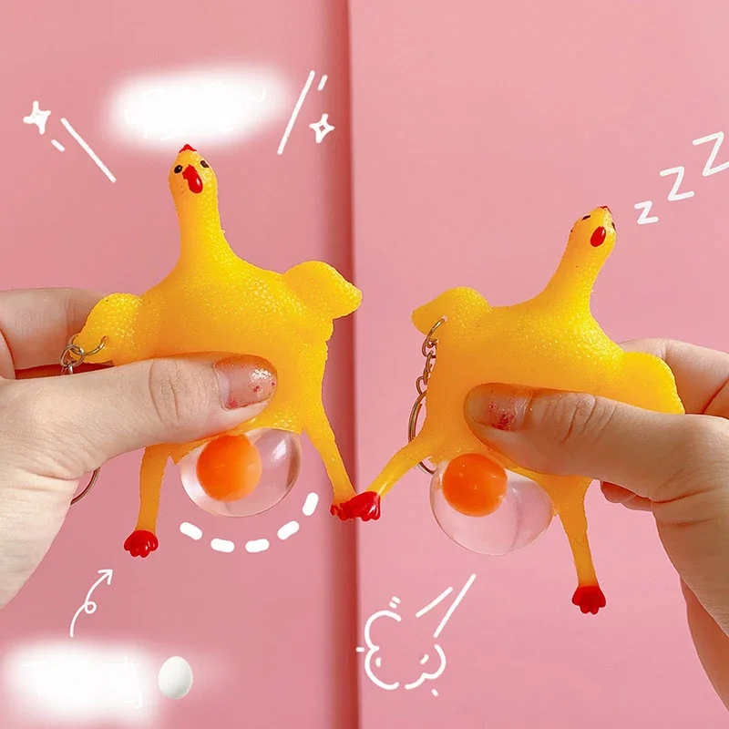 

Cute Chicken Egg Laying Hens Crowded Stress Ball Keychain Creative Funny Spoof Tricky Gadgets Toy Chicken Keyring Key Chains