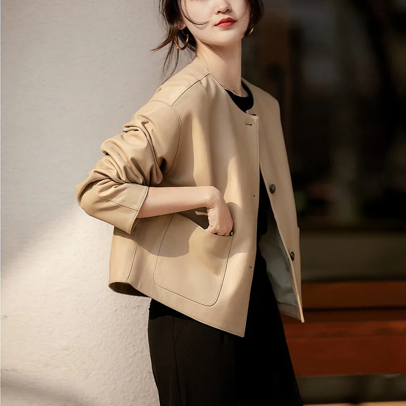 

Женское короткое кожаное пальто из натуральной овечьей кожи, с круглым вырезом