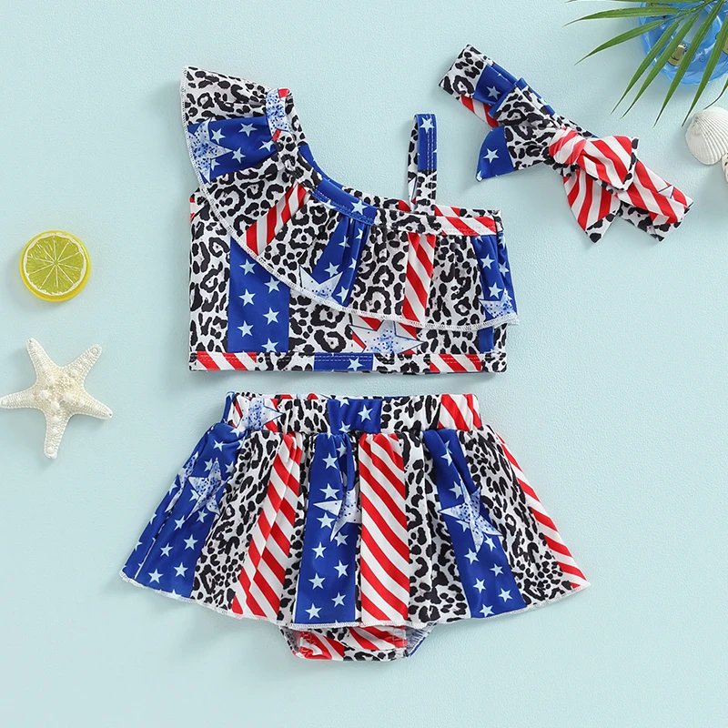 

4th of July Baby Swimsuit Toddler Girls 2 Pieces Bikini Star Stripe Print Oblique Shoulder Ruffles Tops Shorts Bathing Suit