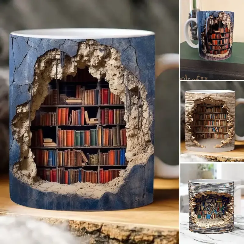 

3D Bookshelf Mug With Handle Creative Personalized Coffee Mug Space Design Ceramic Water Cup Birthday Christmas Gift