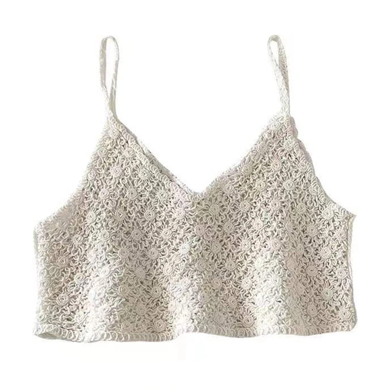 

Women Vintage French Crochet Sleeveless Camisole Vintage Hollow Out Knit Floral Crop Top Sexy V-Neck Beach Mini Vest