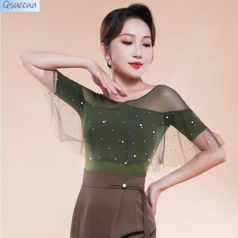 

Новинка, цельный топ для современных танцев, женская одежда, национальная стандартная танцевальная тренировочная сетка с жемчугом