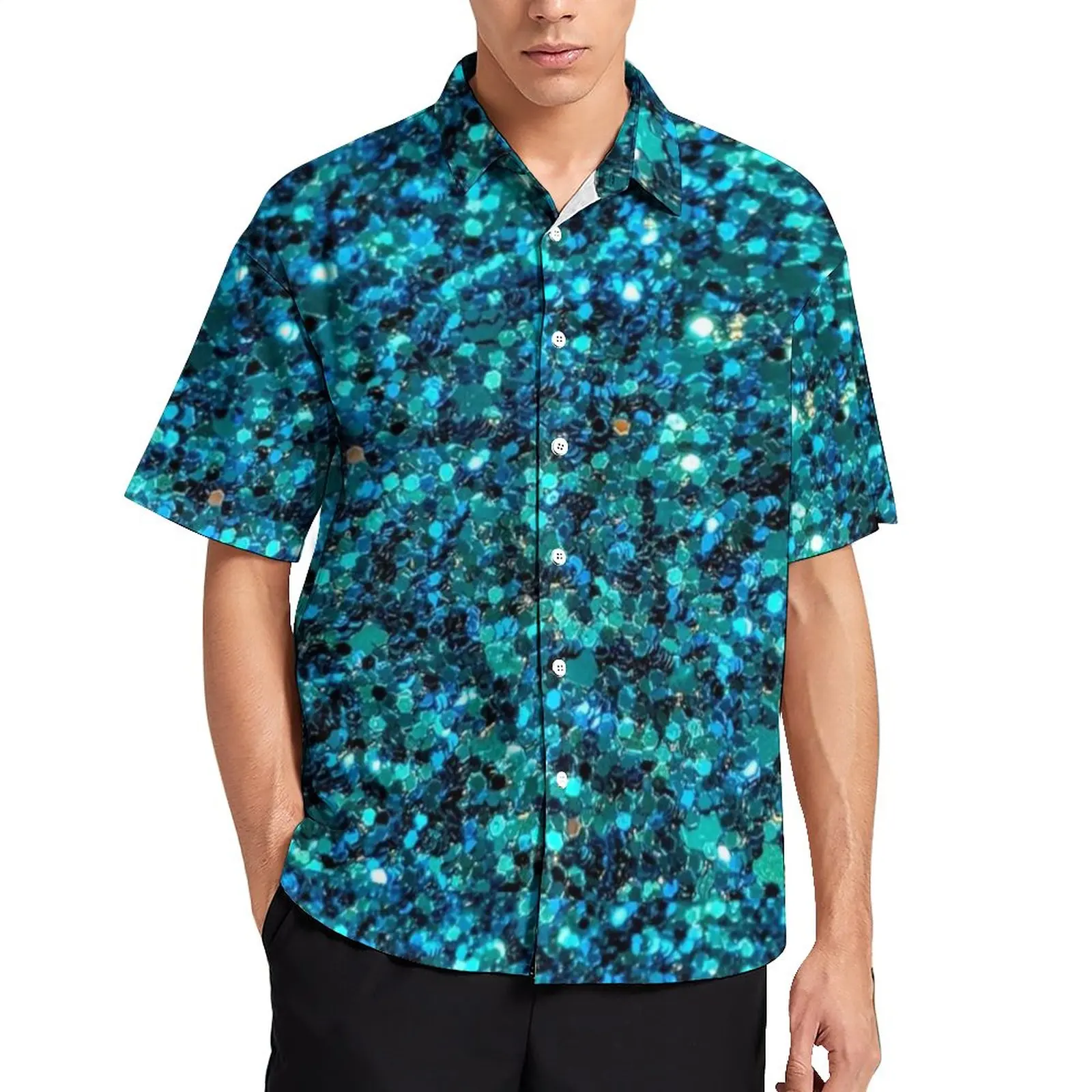 

Рубашка с блестками для отпуска, голубая блестящая женская уличная одежда большого размера с коротким рукавом