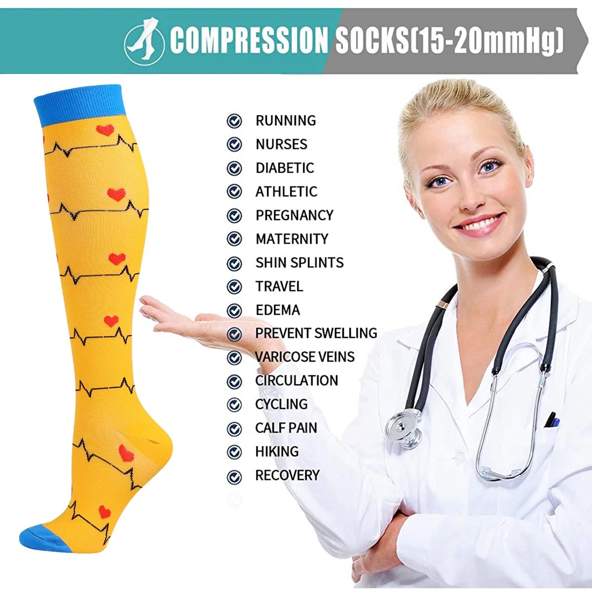 5 Pairs Compression Socks for Men Women15-20 mmHg Knee High Medical Stocking Support for Nurses Pregnancy Flight Travel Athletic