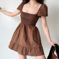 elegant dresses for women retro square neck sexy puff sleeves pleated mini dress high waist a line office ladies casual summer