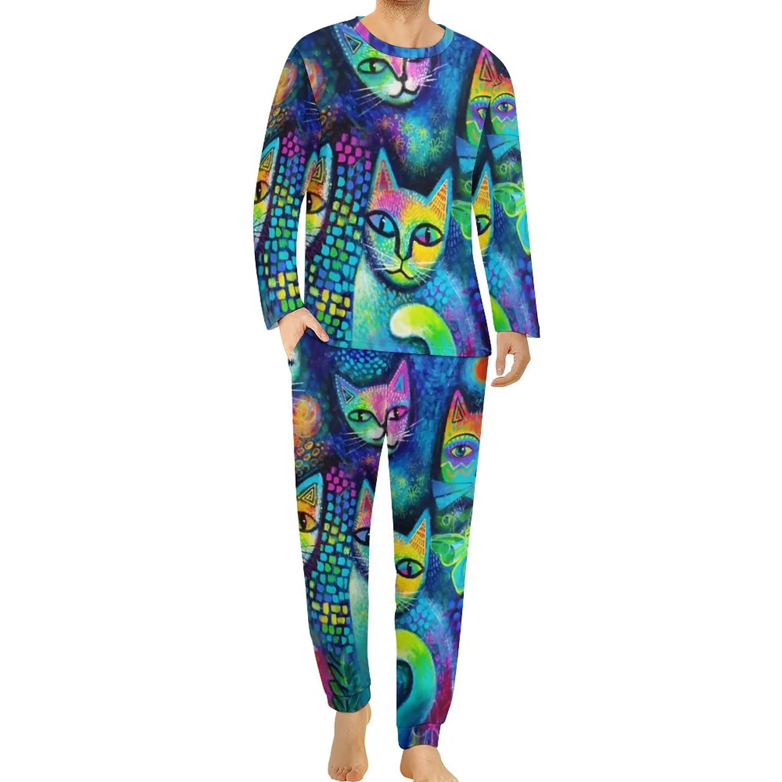 

Colorful Cat Magicats Pajamas Autumn Two Piece Abstract Art Retro Pajama Sets Man Long Sleeve Room Graphic Nightwear Big Size