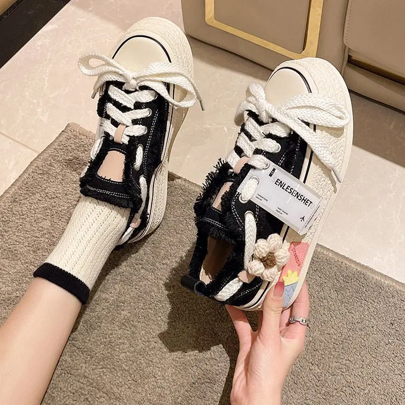 Girls Lovely Canvas Shoes 2023 Spring Summer Women Casual Shoes Flowers Lace Up Ladies Platform Jeans Footwear Vulcanzied Shoe