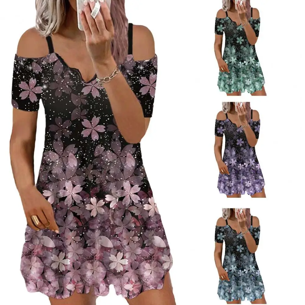 

Short Sleeve Stylish Spaghetti Strap Blossom Printed Dress Comfortable Short Dress Anti-pilling Ladies Clothing