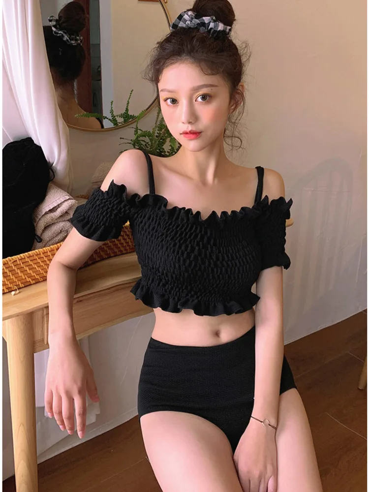 

Консервативные однотонные бюстгальтеры пуш-ап, купальник, женский купальный костюм 2023, пляжные наряды с высокой талией, женская одежда с коротким рукавом