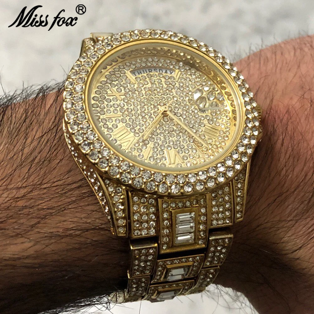 

Top Brand Quartz Mens Watches Full Diamond Dual Date Calendar Watch Luxury Waterproof Iced Out Stainless Steel AAA Jewelry Clock