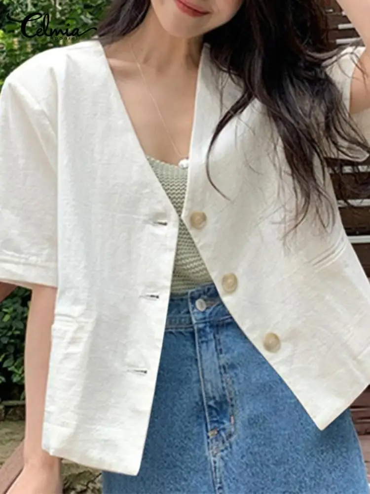 

Celmia Women Summer Short Sleeve Blazer 2022 Fashion V Neck Thin Shirts Casual Buttons Pocket Office Outwears All match Oversize