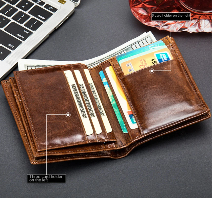 Genuine Leather Men's Wallet Cowhide RFID Anti-Theft Short Wallet Business Credit Card Holders Male Retro Coin Purse