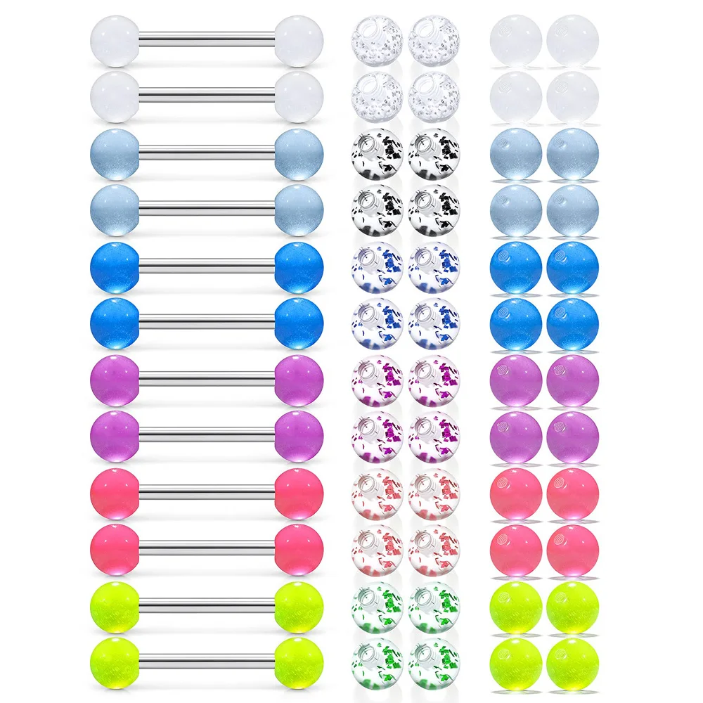 

12pcs Nipple Rings + 48pcs Replacement Balls 14G Tongue Straight Barbells Surgical Steel Nipplerings Bar Body Piercing Jewelry