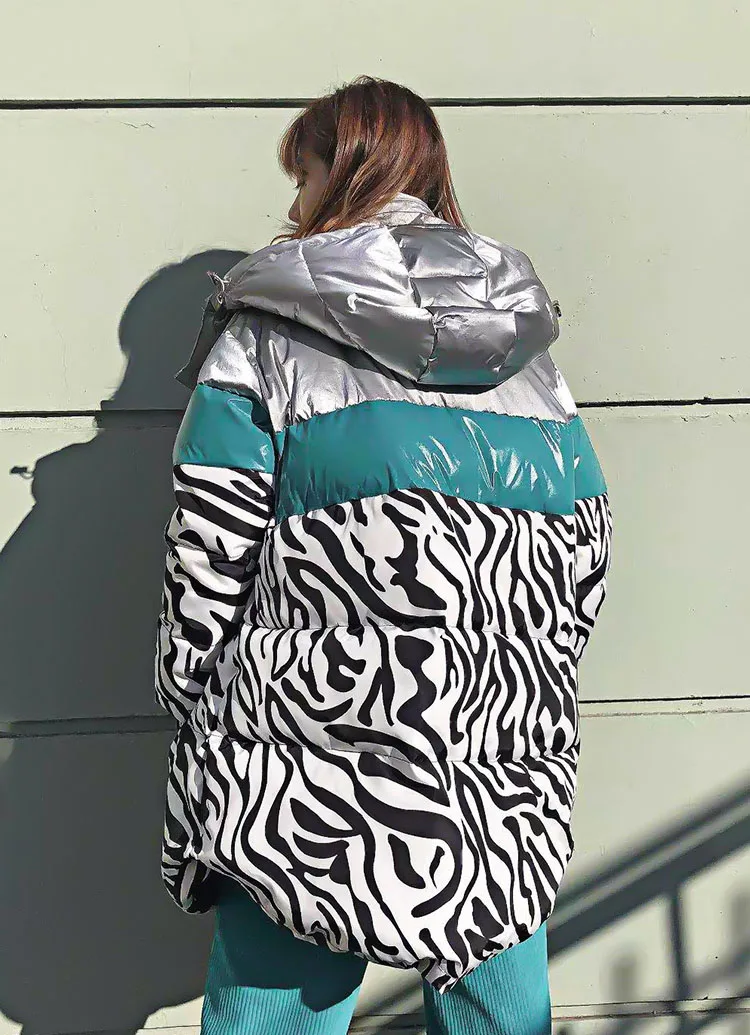Thick Parka Women Winter Down Jacket Hooded Fashion Zebra Pattern Printed Coat Female's Cotton Padded Outwear Loose Jackets