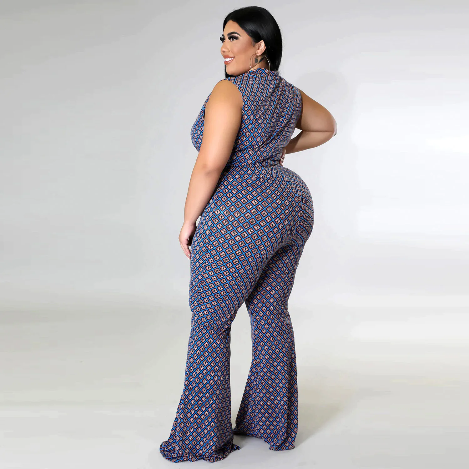 Plus Size 2023 Fashion New Women's Fashion Printed Shirt Plaid Sleeveless Top Casual Wide Leg Pants Women's Suit