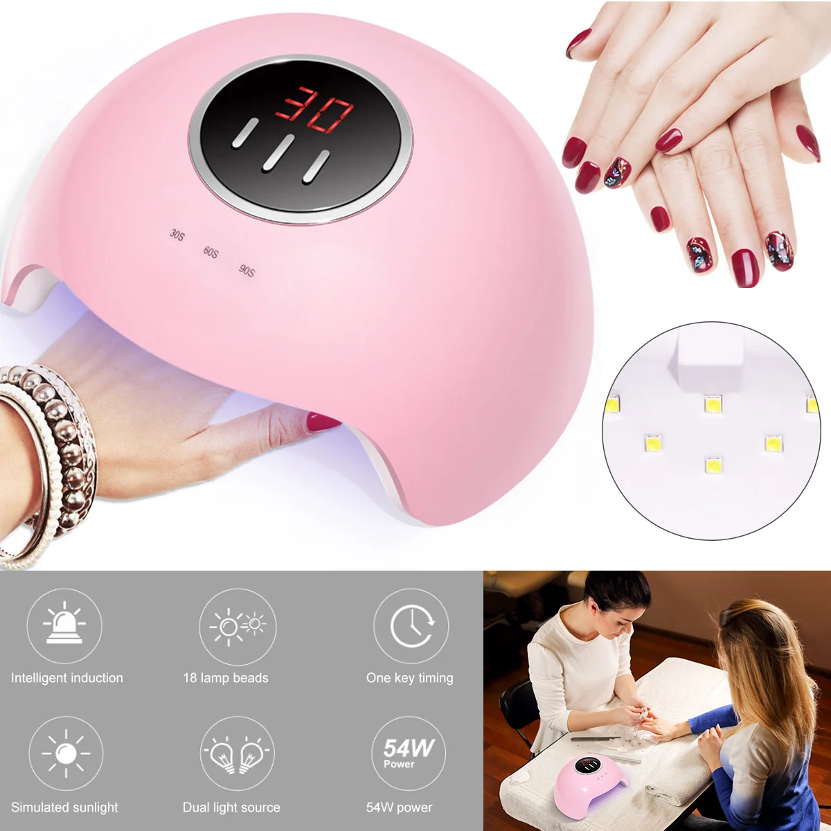 

New 54W LED Nail Lamp for Curing Polish Glue Nail Dryer with 3 Timers Fast-drying Glue Manicure Light with Automatic Sensor Nail