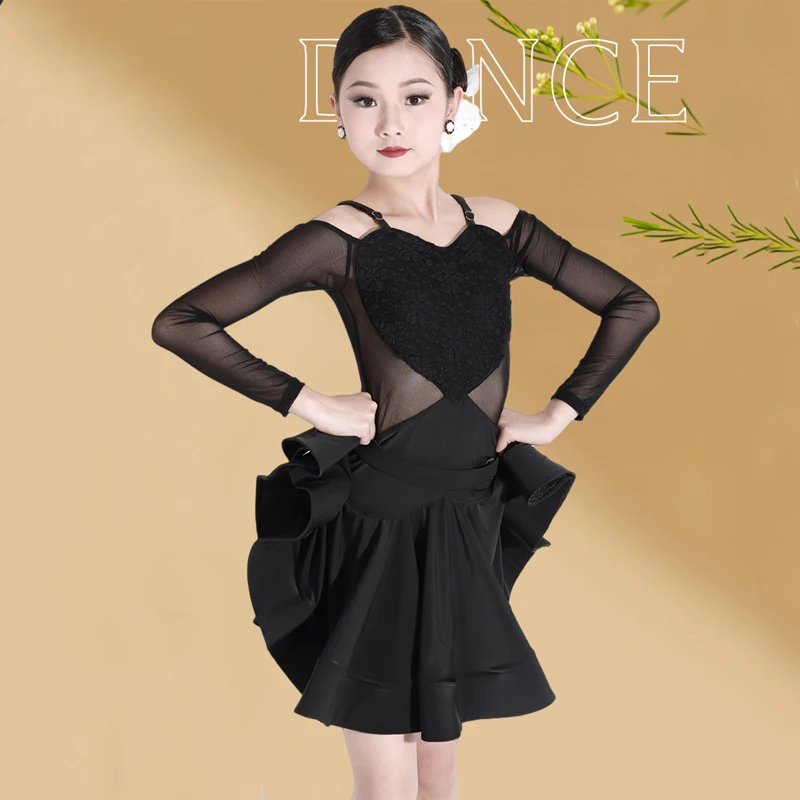 

Черное Сетчатое платье для латиноамериканских танцев с рукавами, юбка, Профессиональные платья для бальных танцев для девушек, женская одежда SL8426