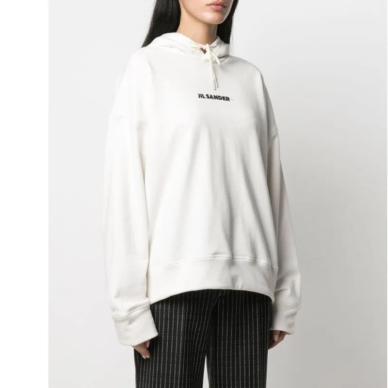 

New JIL Sander+ Letter Printed Cotton Loose Unisex White Hooded Sweater High Street Pullover Anime Hoodie sweatshirt