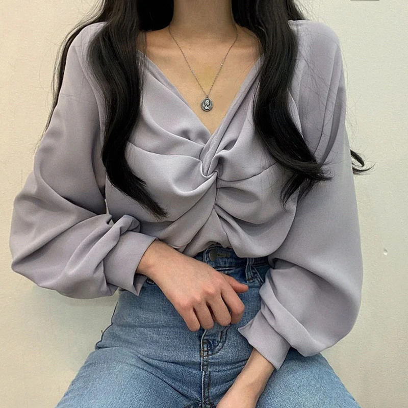 

2022 Korean Chic Slim Twist V-neck Fog Blue Puffy-sleeve Shirt Women's Solid White Shirt