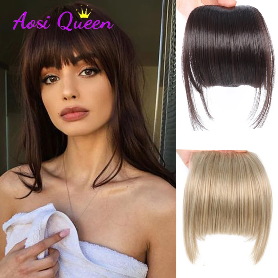 

Natural Straight Synthetic Blunt Bangs High Temperature Fiber Brown Women Clip-In Full Bangs With Fringe Of Hair 6 Inch Leeons