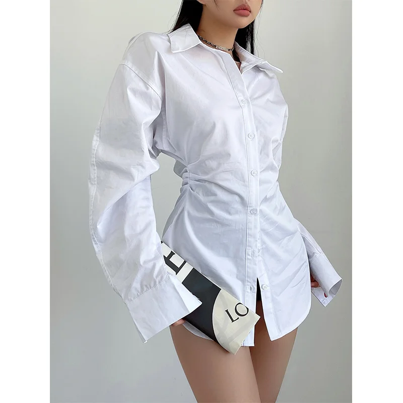 

Плиссированная белая рубашка с высокой талией TVVOVVIN, женская рубашка с длинным рукавом, белая модная пикантная Корейская женская блузка, топы 2023 M3B5
