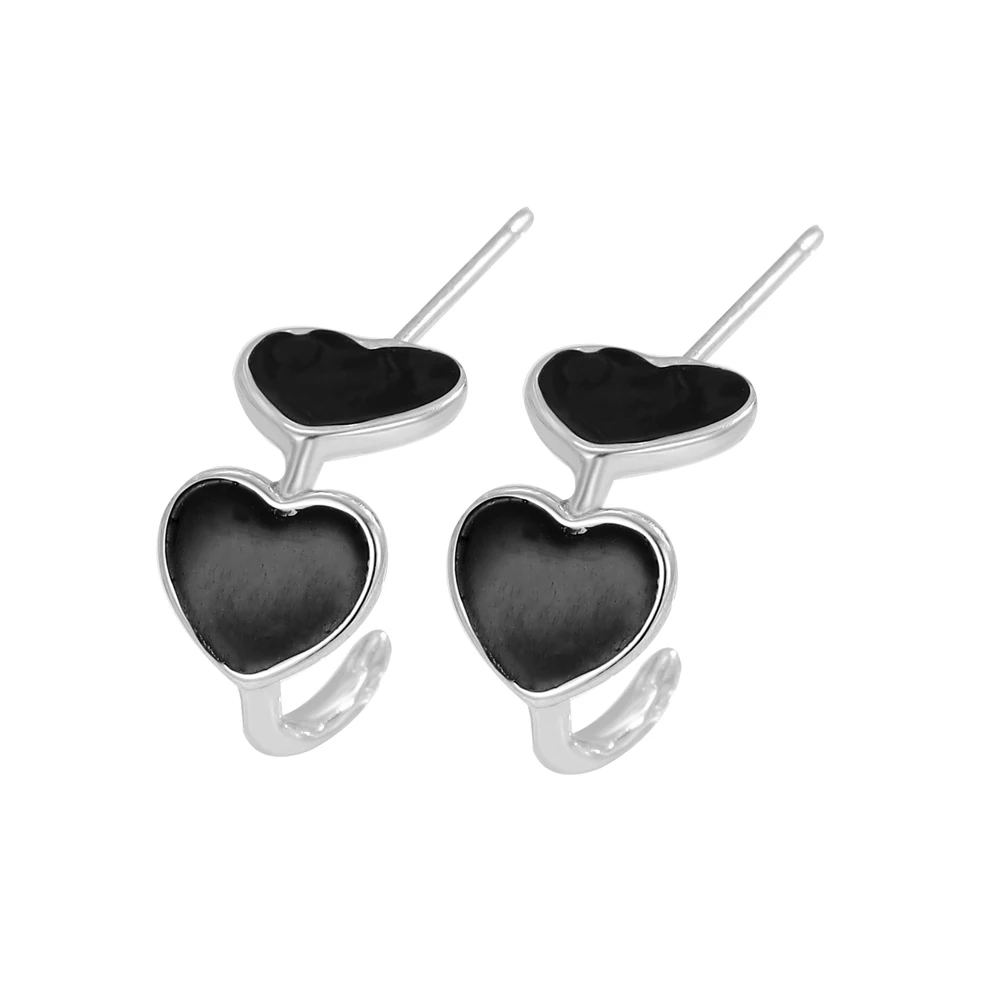 

S925 PURE silver contracted black love earrings temperament female style personality stud ornaments