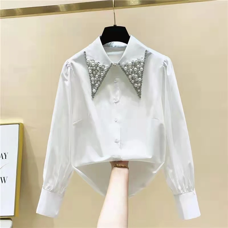 

2022 New Spring High Quality Pearls Diamonds Collar White Shirt Women Arrival OL Elegant Blouse Fashion Long Sleeve Tops
