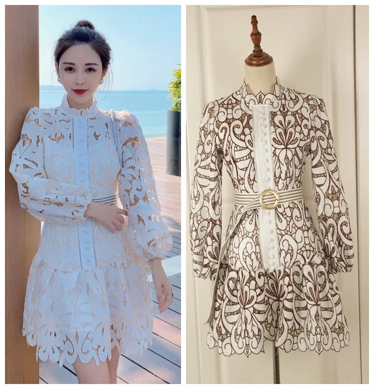 

New Lace Hollow Out Floral Retro Bubble Red Dress (with Belt) Long Sleeves Good Quality A-Line Spring Dresses For Party