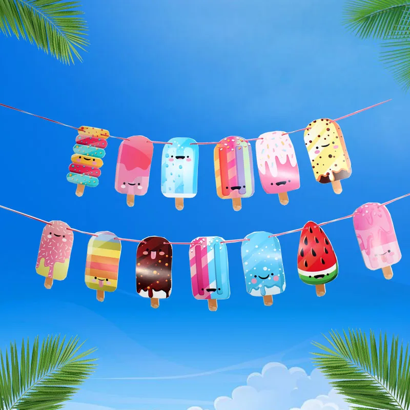 

Summer Party Theme Colorful Ice Cream Flag Birthday Party Decoration Pool Delivery Supplies